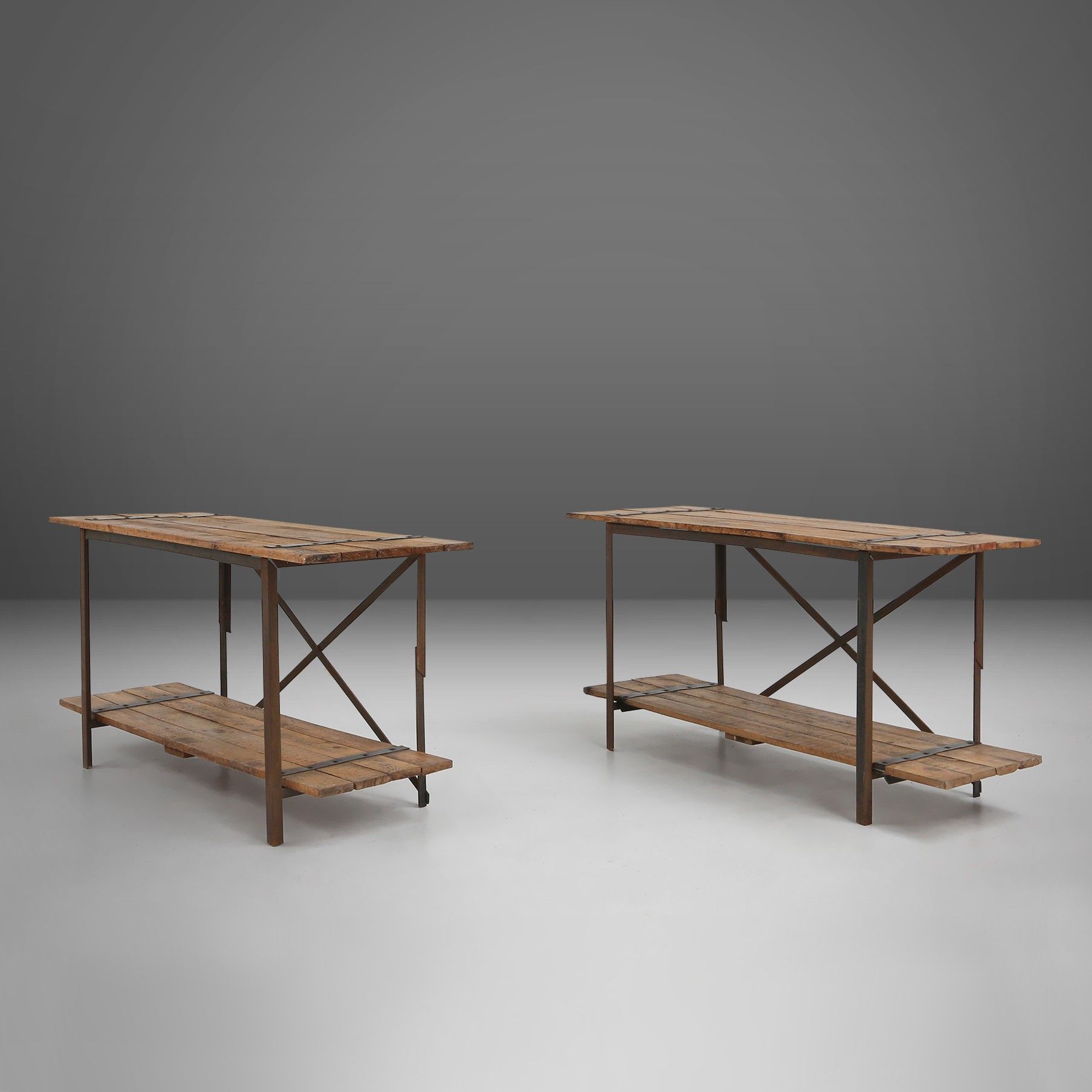  Industrial side tables with metal frame and wooden top and removable platform, Belgium, 1920-img